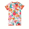 [1pc LULUKAKA Baby Girls Floral Romper] 1pc LULUKAKA Fiber Baby Girls Romper - Casual Floral Print, Short Sleeve, Round Neck, Summer Knit Jumpsuit with Zipper, Loose Fit Infant Bodysuit, for Outdoor