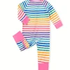 LULUKAKA Baby Girls' Bamboo Fiber Romper, Rainbow Striped Print, Long Sleeve Crew Neck, All-Season Knit Fabric, Loose Fit with Medium Stretch, Casual Style, for Outdoor