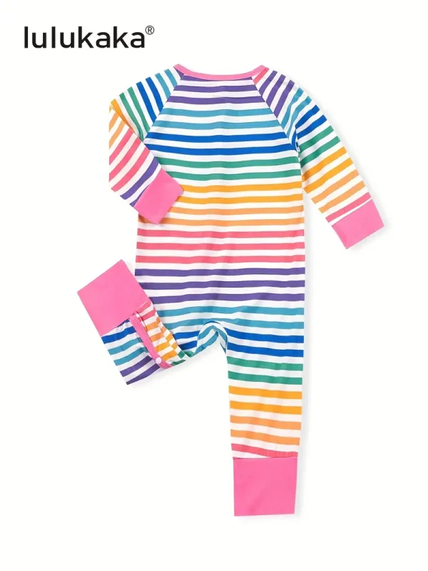 LULUKAKA Baby Girls' Bamboo Fiber Romper, Rainbow Striped Print, Long Sleeve Crew Neck, All-Season Knit Fabric, Loose Fit with Medium Stretch, Casual Style, for Outdoor