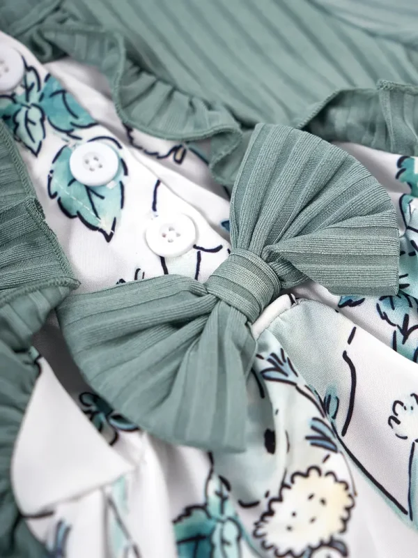 [1pc Floral Print Butterfly Bow Dress] 1pc LULUKAKA Girls' Casual Floral Print Dress with Daisy & Dandelion Pattern, Long Sleeve Ruffle Hem, Polyester Knit Fabric, Regular Fit, All-Season Butterfly Bow Dress