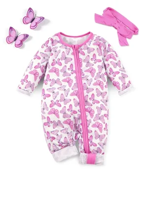 LULUKAKA Adorable Butterfly Print Long-Sleeve Zip-Up Baby Girl Bodysuit Set with Matching Headband - Soft Polyester & Spandex Blend, Machine Washable, Perfect for All Seasons, Baby Girl Outfits, Perfect for Outdoor