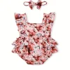 LULUKAKA Adorable Bull Print Ruffle Sleeve Romper Dress & Headband Set for Baby Girls - Soft Polyester Blend, Machine Washable, LULUKAKA, Perfect for Outdoor