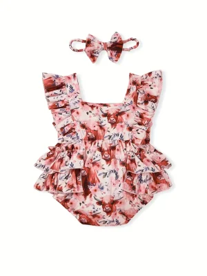 LULUKAKA Adorable Bull Print Ruffle Sleeve Romper Dress & Headband Set for Baby Girls - Soft Polyester Blend, Machine Washable, LULUKAKA, Perfect for Outdoor