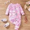 LULUKAKA Adorable Cartoon Animal Print Long-Sleeve Romper for Baby Girls - Soft Polyester Blend, Machine Washable, Perfect for Outdoor