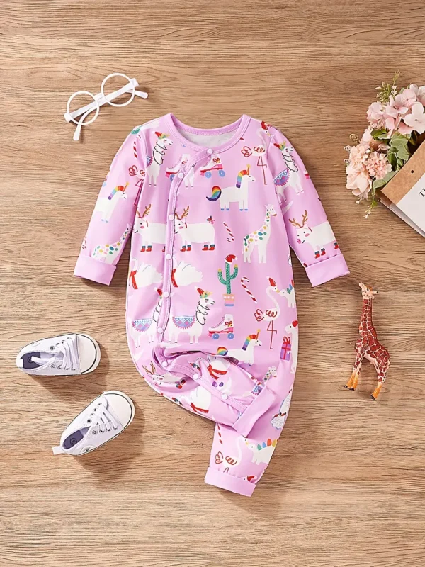 LULUKAKA Adorable Cartoon Animal Print Long-Sleeve Romper for Baby Girls - Soft Polyester Blend, Machine Washable, Perfect for Outdoor