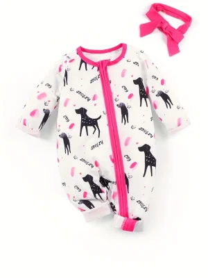 LULUKAKA Adorable Puppy Print Zip-Up Romper for Girls - Cozy Long Sleeve Onesie with Matching Headband, Perfect for Fall/Winter, Perfect for Outdoor