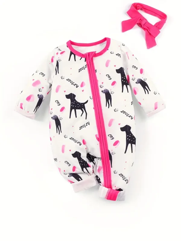 LULUKAKA Adorable Puppy Print Zip-Up Romper for Girls - Cozy Long Sleeve Onesie with Matching Headband, Perfect for Fall/Winter, Perfect for Outdoor