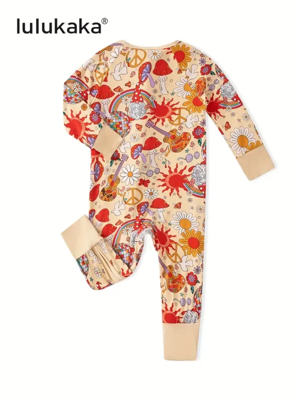 LULUKAKA Baby Girls' Bamboo Fiber Romper, Cute Daisy & Sun Cartoon Print, Long Sleeve Crew Neck Skinny Fit All-Season Knitwear with Zipper, for Outdoor