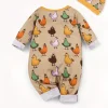 LULUKAKA Boys' Cute Cartoon Chick Print Zip-Up Long Sleeve Romper with Matching Hat - Soft Polyester Blend, Machine Washable, Perfect for Outdoor
