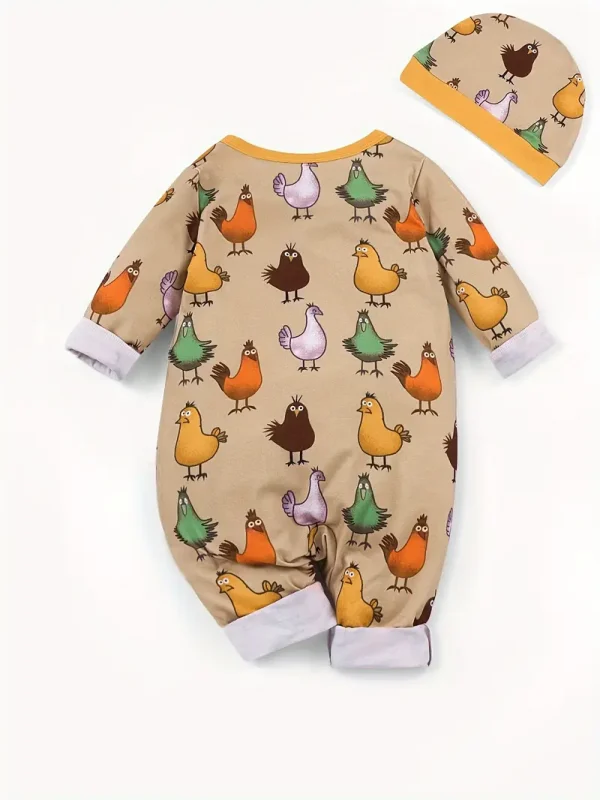 LULUKAKA Boys' Cute Cartoon Chick Print Zip-Up Long Sleeve Romper with Matching Hat - Soft Polyester Blend, Machine Washable, Perfect for Outdoor