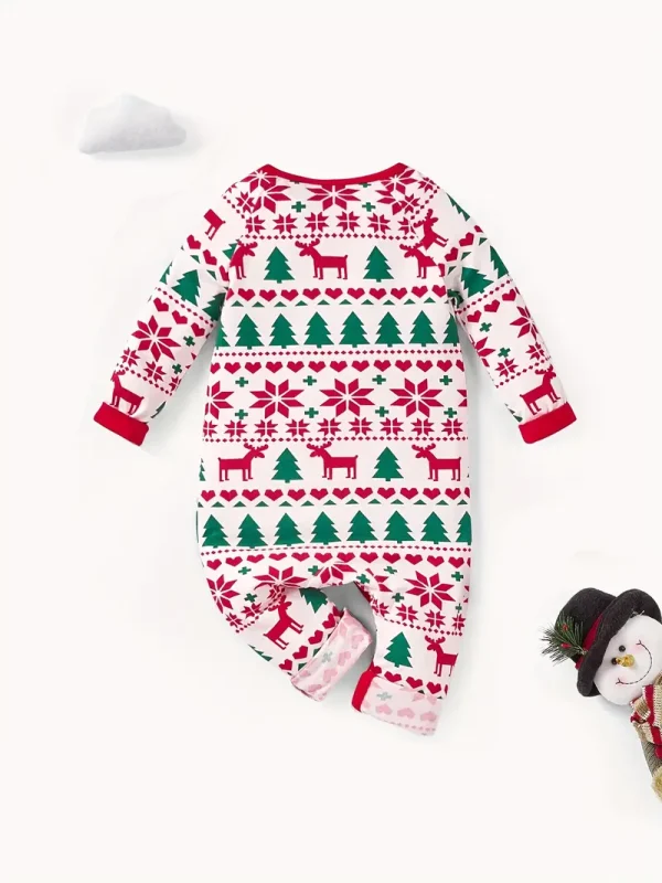1pc LULUKAKA Newborn Christmas Long Sleeve Onesie, Festive Reindeer Snowflake Tree Print, Casual Polyester Knit Fabric with Slight Stretch, Unisex Baby Romper for Fall/Winter, for Outdoor