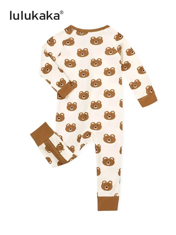 LULUKAKA Unisex Baby Bodysuit, Bamboo Fiber 95% Spandex 5%, Cute Cartoon Bear Print, All-Season Knit Fabric, Skinny Fit with Zipper Closure, Animal Pattern Infant Onesie, for Outdoor