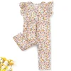LULUKAKA Girls' Floral Print Romper with Ruffle Sleeves and Round Neck, Polyester Spandex Blend, Machine Washable - Newborn Baby Clothes, Yellow Flower, One Piece, Children's Clothing, Perfect for Outdoor