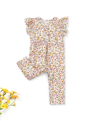 LULUKAKA Girls' Floral Print Romper with Ruffle Sleeves and Round Neck, Polyester Spandex Blend, Machine Washable - Newborn Baby Clothes, Yellow Flower, One Piece, Children's Clothing, Perfect for Outdoor