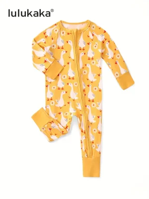 LUKAKA Newborn Baby Boy and Girl Casual Bamboo Fiber Tight Zipper One-Piece Clothes Yellow Pastoral Style Series Duck Pattern Children's One-Piece Trousers Boys and Girls Bamboo Fiber Clothes, Perfect for Outdoor