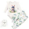 Two-piece LULUKAKA Newborn Baby Set with Squirrel Print Pattern, Ruffle Long Sleeve White Romper and Full Leaf Print Long Pants, Newborn Baby Girl Set, Perfect for Outdoor