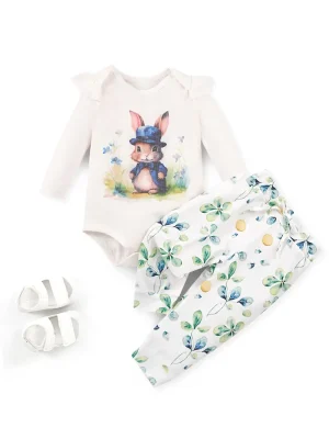 Two-piece LULUKAKA Newborn Baby Set with Squirrel Print Pattern, Ruffle Long Sleeve White Romper and Full Leaf Print Long Pants, Newborn Baby Girl Set, Perfect for Outdoor