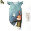 LULUKAKA Cute Cartoon Rabbit Print Romper for Newborns, Polyester Knit Fabric, Regular Fit, with Ruffle Sleeves and Elastic Waist, for All-Season Babywear, for Outdoor
