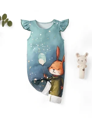 LULUKAKA Cute Cartoon Rabbit Print Romper for Newborns, Polyester Knit Fabric, Regular Fit, with Ruffle Sleeves and Elastic Waist, for All-Season Babywear, for Outdoor