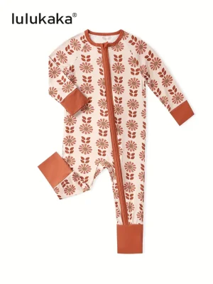 1pc LULUKAKA Baby Girls Soft Fiber Bodysuit, Floral Print Zipper Romper, Casual Knitted Fabric, Round Neck, Stretch Fit, for All-Season Sleepwear