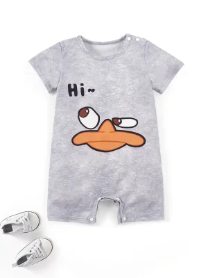 1pc LULUKAKA Baby Boys' Casual Romper, Cute Duck Cartoon Print, All-Season Knit Polyester, Regular Fit Short-Sleeve Bodysuit for Newborns and Infants, for Outdoor