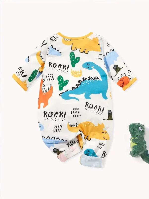 LULUKAKA Cute Dinosaur Cartoon Print Long-Sleeve Romper for Baby Boys - Cozy Polyester Blend, Machine Washable, LULUKAKA, Perfect for Outdoor