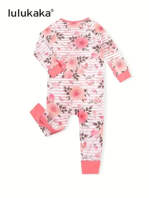 LULUKAKA Girls' Floral Print Long Sleeve Romper - 95% Bamboo Fiber, 5% Spandex, Skinny Fit, All-Season Knit Fabric, Crew Neck Zipper Onesie with Long Legs, for Outdoor