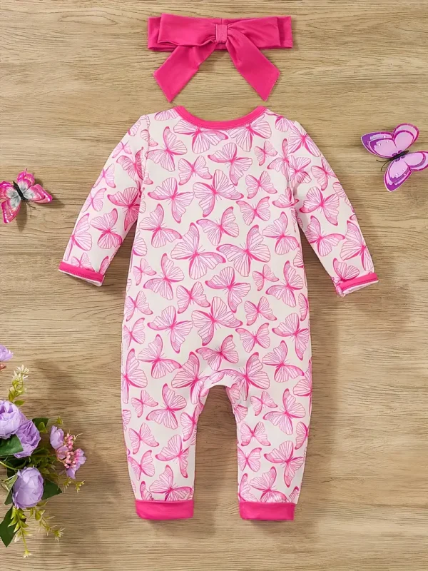LULUKAKA Two-piece Set for Girls with Full-Print Body Suit, Butterfly Print Pattern, Long-Sleeved Body Suit with Zipper, Newborn Baby Clothes with Headwear, Perfect for Outdoor
