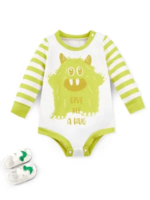 LULUKAKA Kids' Long-Sleeve Romper with Cute Cartoon Monster "Give Me a Hug" Print - Soft Polyester & Spandex Blend, Machine Washable, Round Neck - Perfect for All Seasons, Perfect for Outdoor