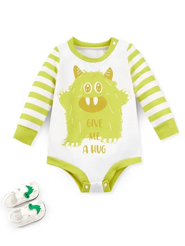 LULUKAKA Kids' Long-Sleeve Romper with Cute Cartoon Monster "Give Me a Hug" Print - Soft Polyester & Spandex Blend, Machine Washable, Round Neck - Perfect for All Seasons, Perfect for Outdoor