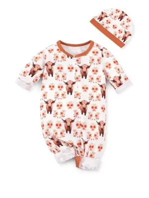 LULUKAKA Two-Piece Set for Newborns, Unisex Baby Zipper Onesie with a Cow Print Pattern, Includes a Zipper Onesie And a Hat, for Outdoor