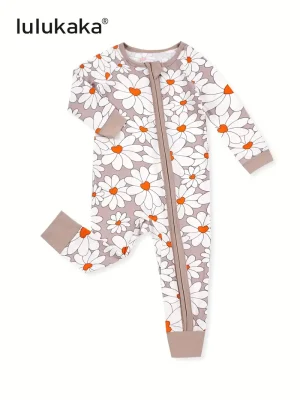 LUKAKA Newborn Baby Girl Bamboo Fiber Clothes Tight Zipper One-Piece Dress Flower Daisy Petal Pattern Children's One-Piece Pants Girls Autumn and Winter Clothing Bamboo Fiber Clothes, Perfect for Outdoor