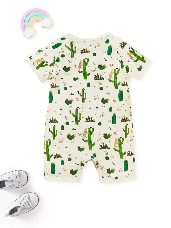 LULUKAKA Baby Girls' Cactus Print Romper, Polyester Knit Fabric, Casual Style, Slight Stretch, All-Season Floral Pattern, Regular Fit, with Zipper for 0-12 Months, for Outdoor