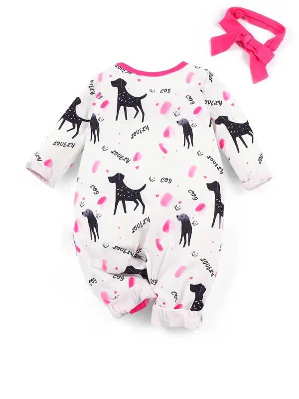 LULUKAKA Adorable Puppy Print Zip-Up Romper for Girls - Cozy Long Sleeve Onesie with Matching Headband, Perfect for Fall/Winter, Perfect for Outdoor