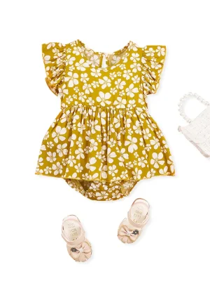 1pc LULUKAKA Baby Girls Floral Print Romper - Casual Style Rayon/Viscose Woven Jumpsuit with Round Neck and Water Drop Buckle - Regular Fit Spring/Fall Infant Outfit, for Outdoor