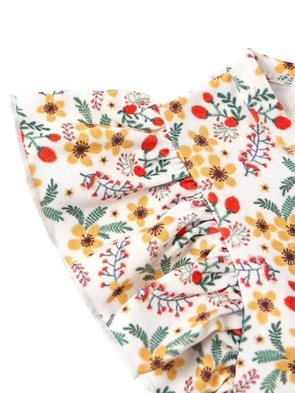 LULUKAKA Girls' Floral Print Romper with Ruffle Sleeves and Round Neck, Polyester Spandex Blend, Machine Washable - Newborn Baby Clothes, Yellow Flower, One Piece, Children's Clothing, Perfect for Outdoor
