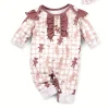LULUKAKA 2pcs Baby Girls Romper Set, Cartoon Bear & Rabbit Print, Long Sleeve Ruffle Trim Onesie with Headband, Casual All-Season Knit Fabric, 95% Polyester 5% Spandex, Medium Stretch, for Outdoor