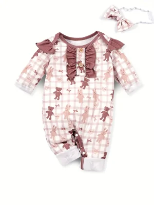 LULUKAKA 2pcs Baby Girls Romper Set, Cartoon Bear & Rabbit Print, Long Sleeve Ruffle Trim Onesie with Headband, Casual All-Season Knit Fabric, 95% Polyester 5% Spandex, Medium Stretch, for Outdoor