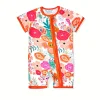 [1pc LULUKAKA Baby Girls Floral Romper] 1pc LULUKAKA Fiber Baby Girls Romper - Casual Floral Print, Short Sleeve, Round Neck, Summer Knit Jumpsuit with Zipper, Loose Fit Infant Bodysuit, for Outdoor
