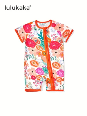 [1pc LULUKAKA Baby Girls Floral Romper] 1pc LULUKAKA Fiber Baby Girls Romper - Casual Floral Print, Short Sleeve, Round Neck, Summer Knit Jumpsuit with Zipper, Loose Fit Infant Bodysuit, for Outdoor