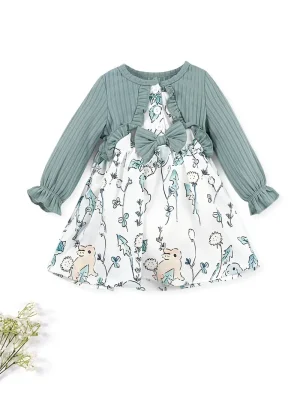 [1pc Floral Print Butterfly Bow Dress] 1pc LULUKAKA Girls' Casual Floral Print Dress with Daisy & Dandelion Pattern, Long Sleeve Ruffle Hem, Polyester Knit Fabric, Regular Fit, All-Season Butterfly Bow Dress