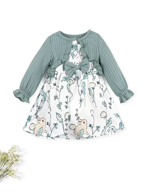 [1pc Floral Print Butterfly Bow Dress] 1pc LULUKAKA Girls' Casual Floral Print Dress with Daisy & Dandelion Pattern, Long Sleeve Ruffle Hem, Polyester Knit Fabric, Regular Fit, All-Season Butterfly Bow Dress