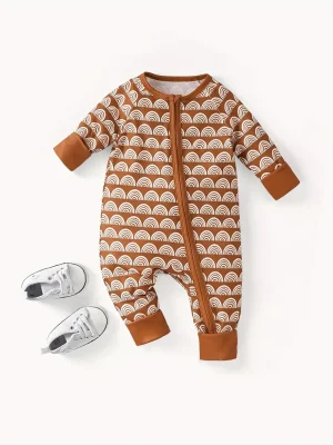 LULUKAKA Cute Geometric Print Zip-Up Romper for Newborns - Soft Polyester & Spandex Blend, Long Sleeve, Round Neck Onesie for Boys & Girls - Perfect for Spring/Fall, Perfect for Outdoor