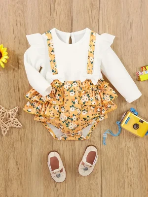 LULUKAKA Fake Two-Piece Baby Girl Romper with Small Floral Print, Ruffled Long Sleeves, And a Water Drop Button Dress for Newborn Girls, for Outdoor