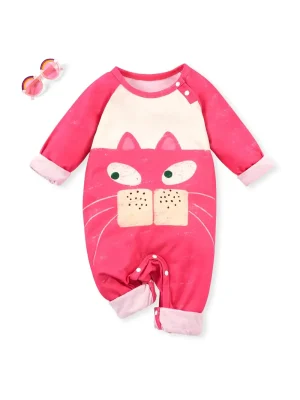 LULUKAKA Cute Cartoon Cat Print Romper for Baby Girls, Polyester & Spandex Blend, Knit Fabric, Regular Fit, with All-Season Long Sleeve Bodysuit, for Outdoor