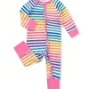 LULUKAKA Baby Girls' Bamboo Fiber Romper, Rainbow Striped Print, Long Sleeve Crew Neck, All-Season Knit Fabric, Loose Fit with Medium Stretch, Casual Style, for Outdoor