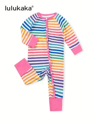 LULUKAKA Baby Girls' Bamboo Fiber Romper, Rainbow Striped Print, Long Sleeve Crew Neck, All-Season Knit Fabric, Loose Fit with Medium Stretch, Casual Style, for Outdoor