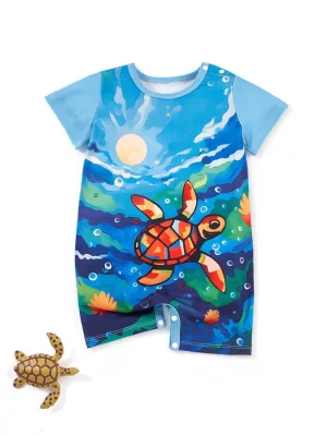 Adorable Sea Turtle Print Onesie for Baby Boys - Soft Polyester & Spandex Blend, Short Sleeve, Round Neck Romper - Perfect for Spring/Summer, LULUKAKA, Perfect for Outdoor