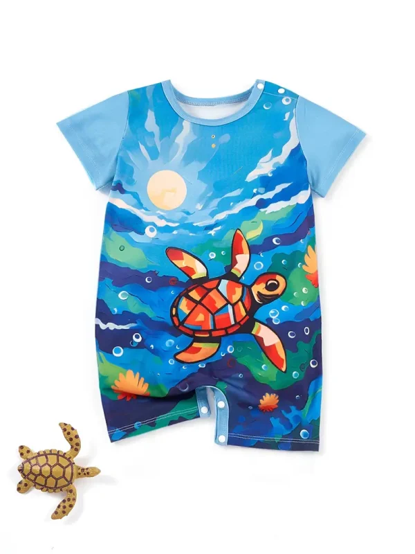 Adorable Sea Turtle Print Onesie for Baby Boys - Soft Polyester & Spandex Blend, Short Sleeve, Round Neck Romper - Perfect for Spring/Summer, LULUKAKA, Perfect for Outdoor