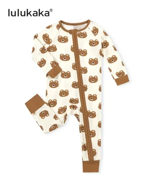 LULUKAKA Unisex Baby Bodysuit, Bamboo Fiber 95% Spandex 5%, Cute Cartoon Bear Print, All-Season Knit Fabric, Skinny Fit with Zipper Closure, Animal Pattern Infant Onesie, for Outdoor